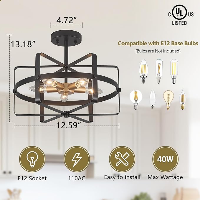 5-Light Farmhouse Semi Flush Mount Ceiling Light, 12.6'' Modern Black and Gold Ceiling Light Fixture Industrial Lighting Fixture for Entryway Hallway Foyer Dining Room Kitchen Bedroom