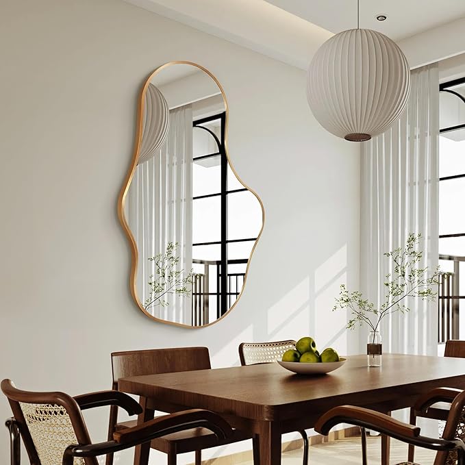 Irregular Wall Mirror - Wall Mirrors Decorative 26"x 43" Asymmetrical Abstract Mirror Aviation Aluminum Alloy Frame Unique for Bathroom, Bedroom, Living Room, Cloakroom, Entryway Gold