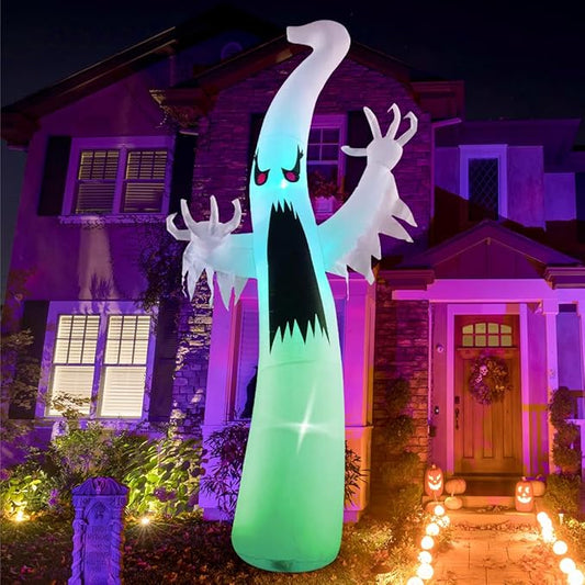 GOOSH 12 FT Halloween Inflatables Ghost Outdoor Decorations Blow Up Yard Giant Scary Red Eye Ghost with Built-in Colorful LEDs for Garden Lawn Indoor Party Decor