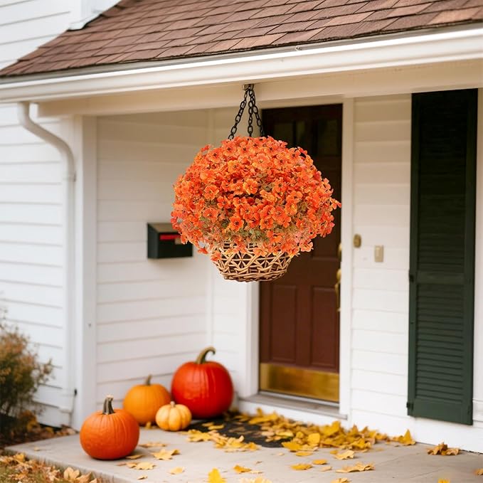 Fall Flowers Artificial for Decoration, Artificial Fall Mums Flowers for Outdoors, Fake Flowers Daisy Eucalyptus Realistic UV Resistant for Garden Patio Porch Home Decor (12, Orange-Green Leaves)