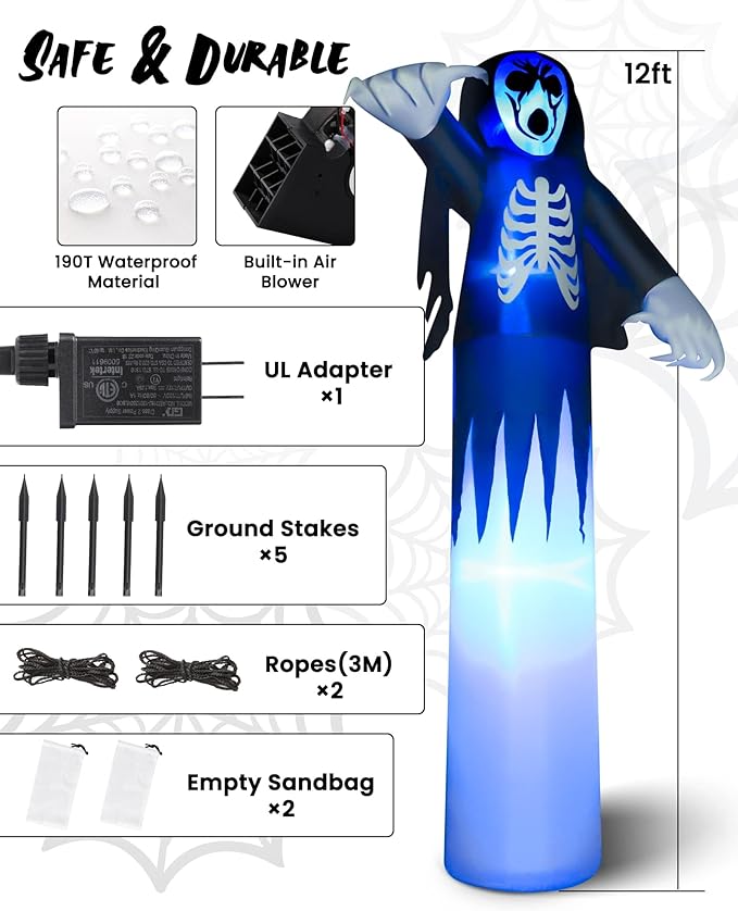 Toodour 12FT Halloween Inflatables Outdoor Decorations Ghost - Blow Up Yard Decorations for Halloween Party, Built-in Blue LED Lights, Super Tall Inflatable Ghost Decor for Outdoor Garden