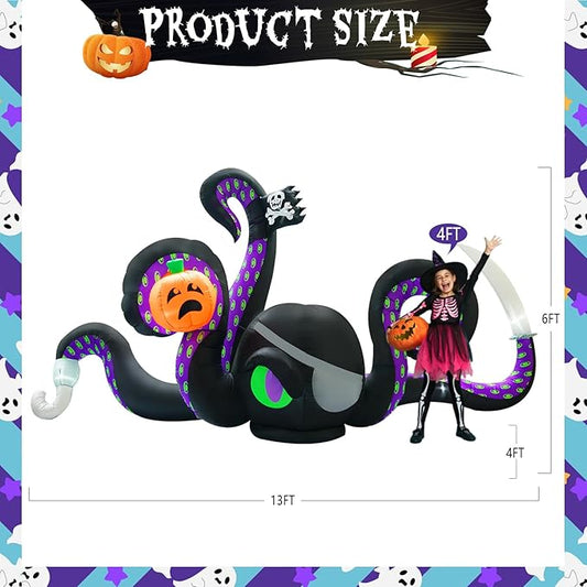 13Ft Halloween Inflatables Giant Octopus Black Sticky Pumpkin LED Light Blow up Halloween Decor for Carnival Party Store Outdoor Yard Lawn Decorations