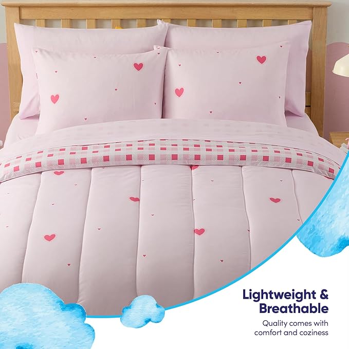 Heart Comforter Set Full Size for Girls – Soft Pink Bed in a Bag with Sheets, Pillowcases & Shams – Cute Kids Bedding with Love Hearts Design – Cozy Microfiber for Child or Tween Bedroom Decor