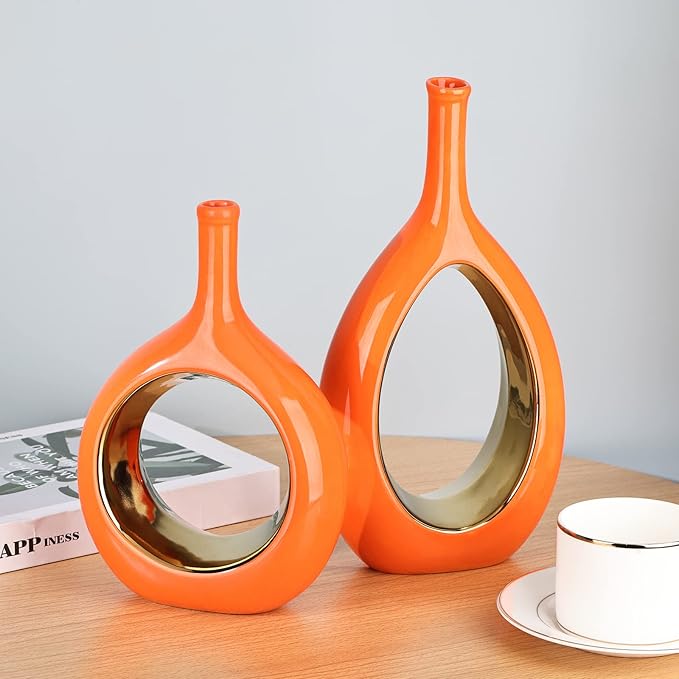 XMGZQ Ceramic Orange and Gold Vase Set of 2, Modern Vases for Home Decor, Centerpieces, Housewarming Gift, Living Room Dining Table, Flowers