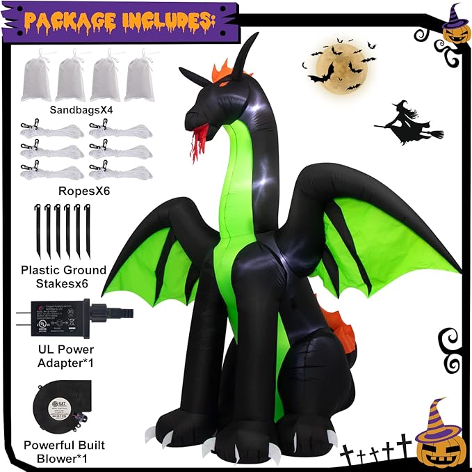 Halloween Inflatables 9FT Giant Inflatable Dragon Halloween Decorations with Wings, Built-in LEDs Halloween Blow Up Yard Decorations for Outdoor Indoor Party Garden Lawn Decor