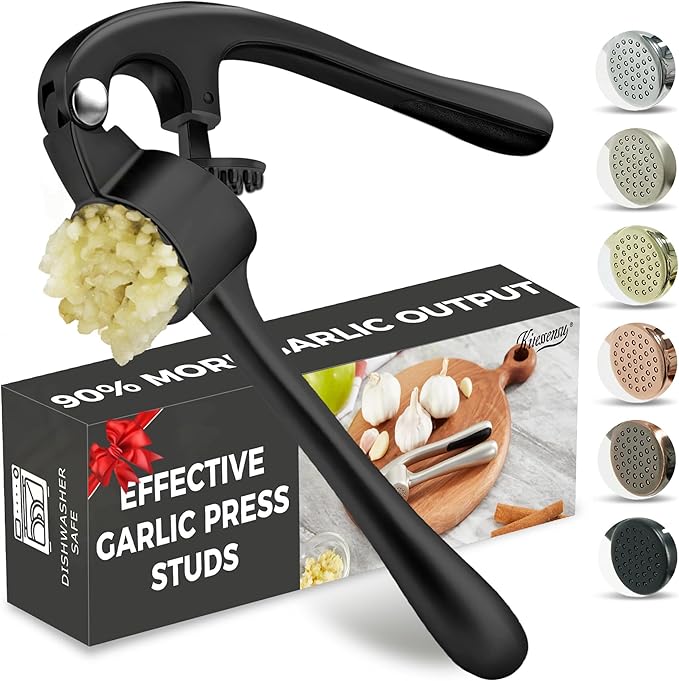 Premium Garlic Press, Professional Garlic Mincer, Easy to Squeeze and Clean, Rust Proof & Dishwasher Safe, Efficient Ginger Crusher - Black