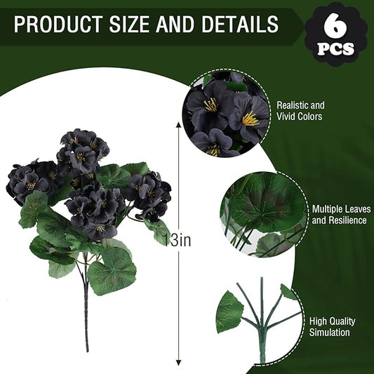 Hananona 6 Bundles Artificial Geranium Flowers for Outdoors Black Silk Geranium Flowers Outdoor UV Resistant Plants Faux Black Flower for Home Kitchen Halloween Table Centerpieces Decor (6, Black)