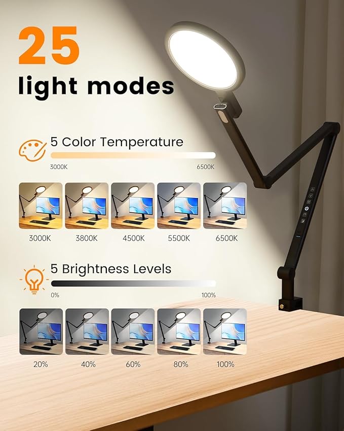 1200LM Desk Lamp with Clamp, Eye Care Desk Lights for Home Office with USB Charging Ports, Flexible Ring Light with Swing Arm for Video Conference Zoom Streaming