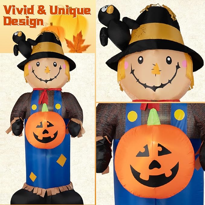 8FT Fall Inflatables Scarecrow Decorations, Giant Scarecrow with Pumpkin Inflatable Yard Decor Built-in LEDs, Scarecrow Blow Up Yard Decorations for Halloween Fall Autumn Harvest Lawn Garden