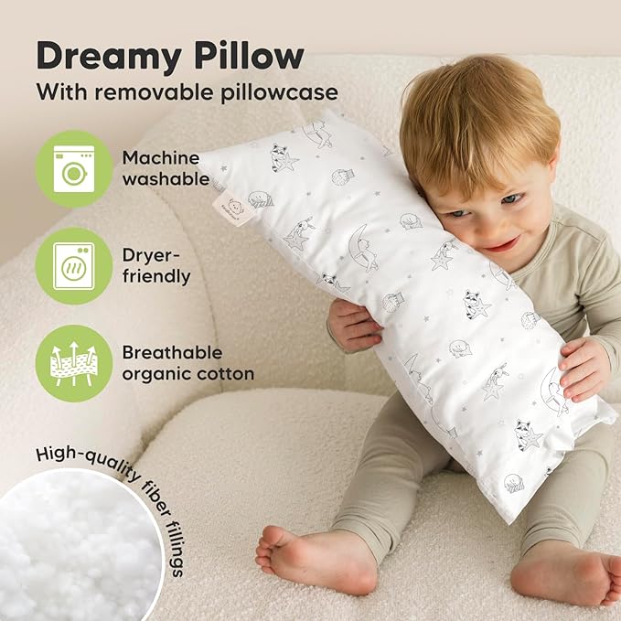 Toddler Pillow with Pillowcase - 10x18 My Little Dreamy Pillow, Organic Toddler Pillows for Sleeping, Kids Pillow, Small Pillows, Toddler Travel Pillows for Sleeping, Toddler Bed Pillows (Slumber)
