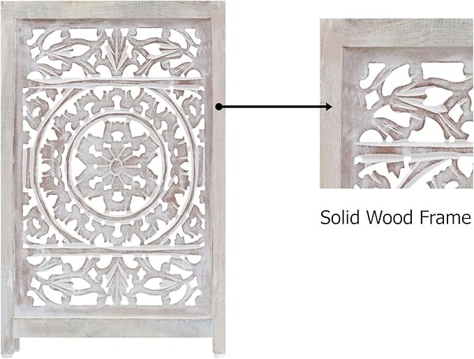Wooden Foldable Pet Dog Safety Gate - 4 Panel 20" W x 24" H - Hand Carved Suzani Free Standing Portable Indoor Puppy Gate - Doorway Hall Stairs Dog Fence - Assembled - White Wash - IRONGATE
