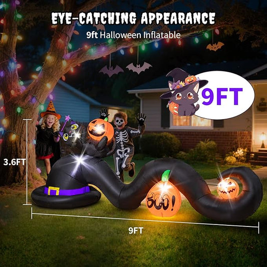 Dawdix 9FT Long Halloween Inflatables Witch Hat with Black Cat and Pumpkins, Large Lighted Blow Up Decoration for Yard, Halloween Outdoor Inflatable for Party Garden Patio Lawn Decor
