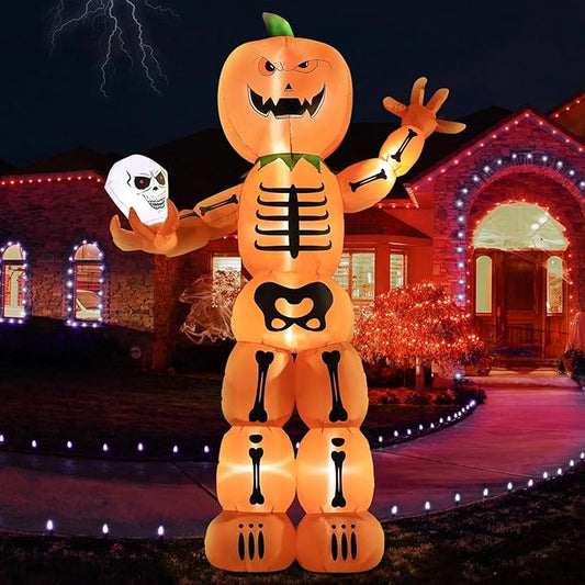 DomKom Halloween Inflatable Blow Up Decorations, 8FT Giant Skeleton Stacked Pumpkin Man Holding Skull, Built-in LEDs for Holiday Party, Garden, Lawn, Yard, Patio Décor
