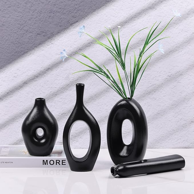 Black Ceramic Vase for Home Decor Set of 4 - Oval Hollow Vase Nordic Black Round Vase for Pampas Grass, Modern Decorative Flowers Vase for Living Room, Office, Mantel, Entryway, Table Centerpieces