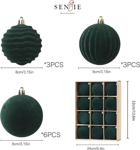 Senjie 3.15 inch Christmas Tree Ornaments Velvet Balls,12PCS Flocked Decoration Balls Ornaments Sets for Christmas 2025 Green