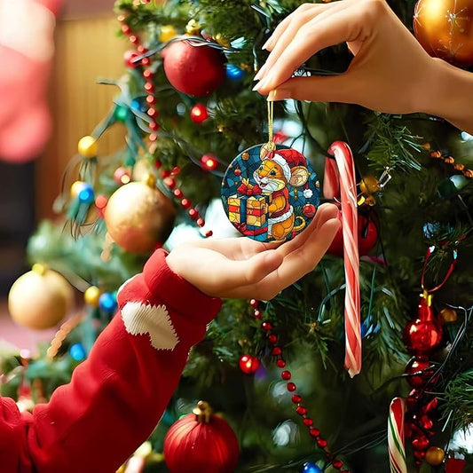 Christmas Mouse Ornament Round Ceramic Stained Glass Style Ornament Joy Xmas Keepsake for Christmas Tree Winter Holiday Xmas Gift for Women Men Xmas Hanging Ornament 3"