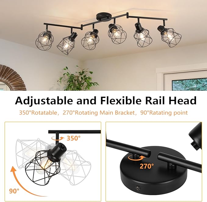 WILON Track Lighting Kit 6 Way Ceiling Spotlight-Industrial Flush Mount Ceiling Light Black Kitchen Ceiling Light Fixtures Kitchen Track Lighting Flexibly Rotatable Light Head E26 Base