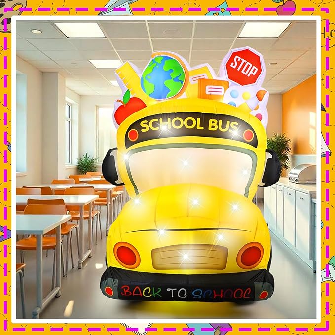 VIHOSE 5.4 Ft Back to School Inflatable Decorations First Day of School Bus Blow Up Yard Decor Build in LED Lights for Party Outdoor Garden Lawn Holiday