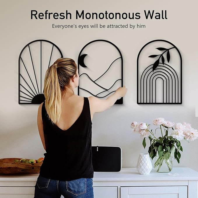 Sokurdeg Boho Metal Wall Decor Black Minimalist Line Wall Art Bohemian Wall Hanging for Bedroom Bathroom Living Room (3 Pack, 12 x 17 in)