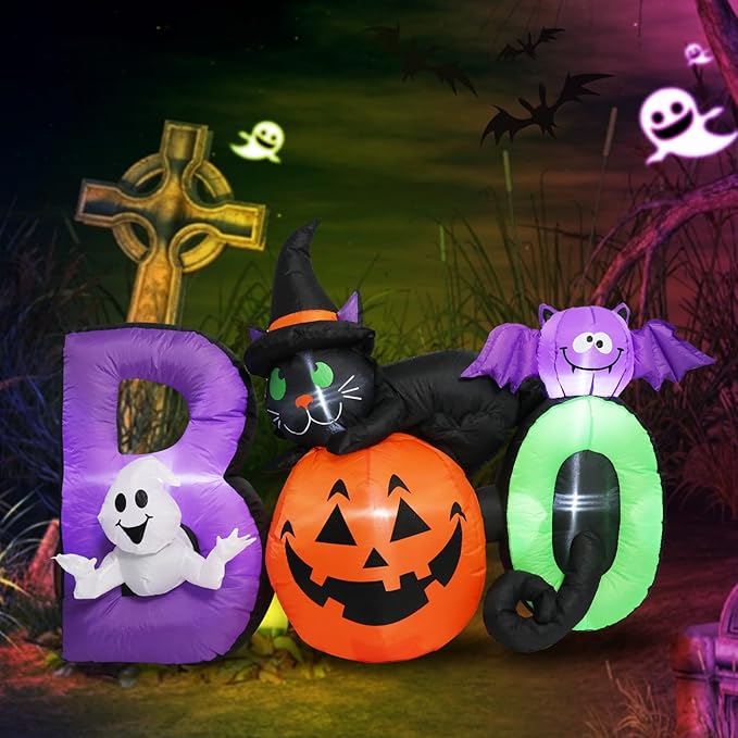 6 FT Long Halloween Inflatable Boo Black Cat with Pumpkin and Ghost Outdoor Decoration, Holiday Decorations Built-in White LED Light Blow Up Halloween Decorations for Yard, Garden, Lawn,Holiday, Party