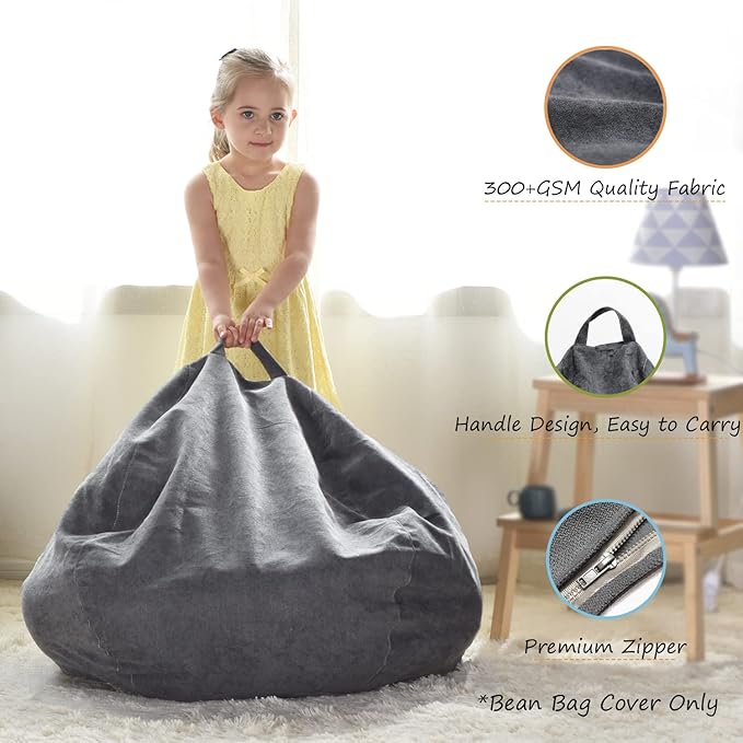 YuppieLife Stuffed Animals Bean Bag Chair Cover Candy-Colored Bean Bag(Just Cover, No Filling)/Large Stuff 'n Sit Organization/Toy Storage Bag/Kids Toys Organizer(27'',Dark Grey)