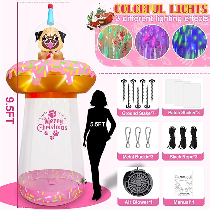 9.5FT Christmas Inflatable with Colorful Light, Kalolary UFO Doughnut Christmas Inflatable with Music, Puppy Xmas Blow Up Yard Decoration Christmas Outdoor Inflatable for Lawn Garden Holiday Party