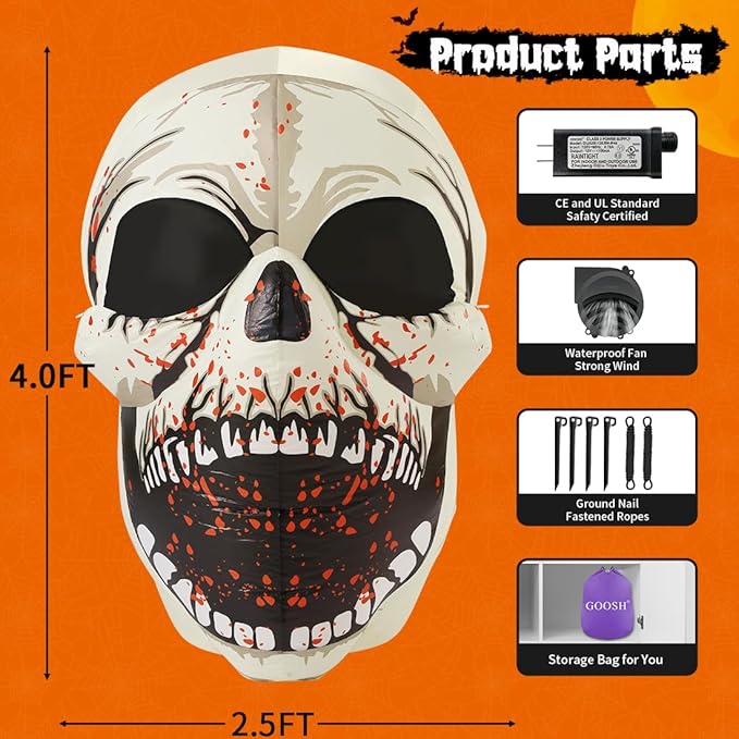 GOOSH 4 FT Halloween Inflatables Skull Outdoor Decorations Blow Up Yard Scary Colorful Dimming Skull with Built-in Magic LEDs for Garden Lawn Indoor Party Decor