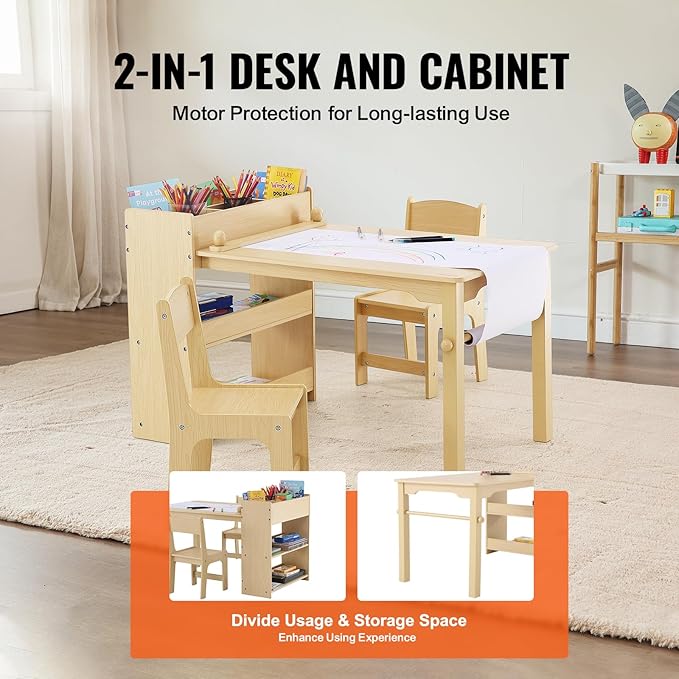 VEVOR Kids Art Table and 2 Chairs, 2-in-1 Toddler Craft and Play Activity Table, Wood Toddler Table and Chair Set with A Cabinet for Art, Craft, Reading, Learning
