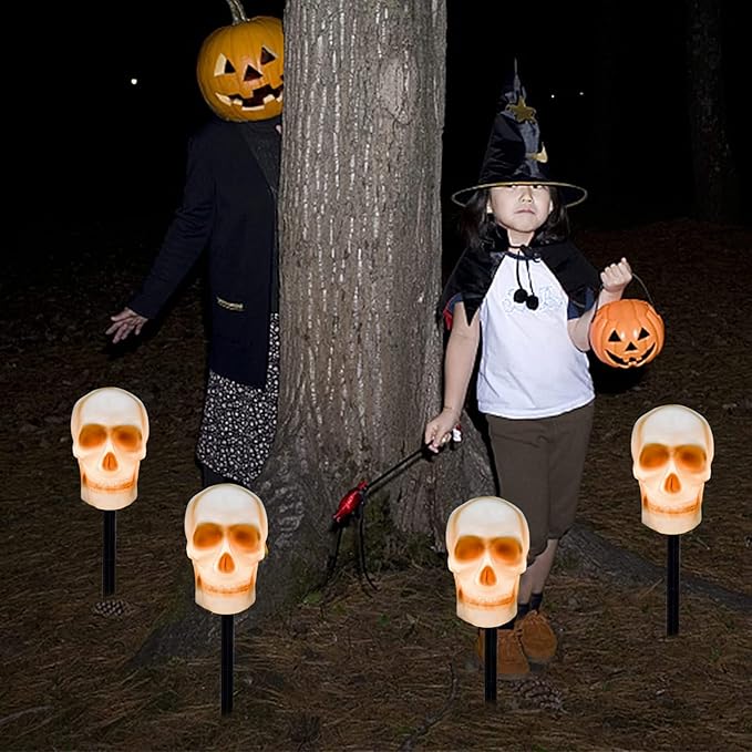 Halloween Skull Pathway Lights, 4 Pack 3D Skeleton Lights with Stakes, Outdoor Connectable C7 Skull Lights for Yard, Garden, Patio, Halloween Party Decor, Black Wire