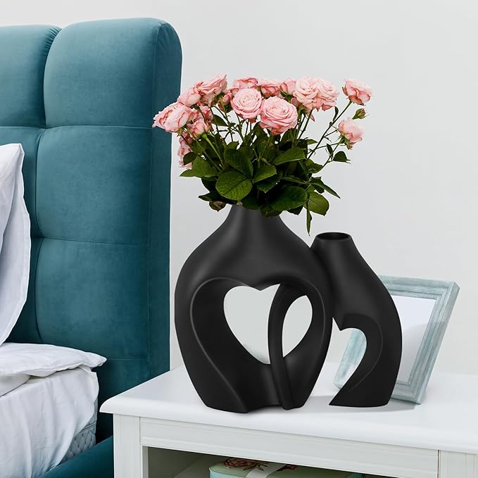 Black Vases for Decor, Heart Shaped Ceramic Vase Set of 2, Nordic Modern Boho ins Style Decorative Ceramic Aesthetic Flower Vase for Home Decor, Living Room Office House Decoration