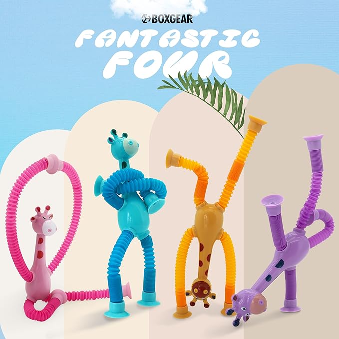 Boxgear 4 Pieces LED Telescopic Suction Cup Giraffe Toy, Shape Changing Telescopic Tube Fidget Toys, Pop Tubes, Fidget Tubes Sensory Toys for Girls Boys (Giraffe)