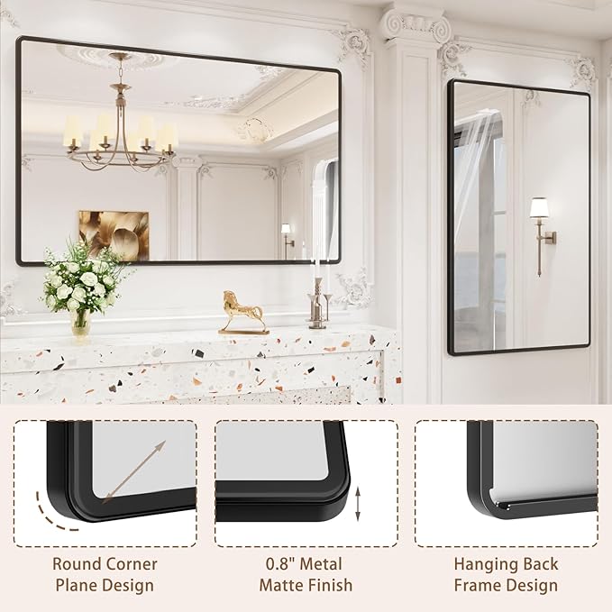 New Upgrade 55X36 Inch Wall Mounted Bathroom Mirror, Black Metal Frame Rounded Rectangle Mirror, Bathroom Vanity Mirror with Tempered Glass for Washroom Bedroom Living Room