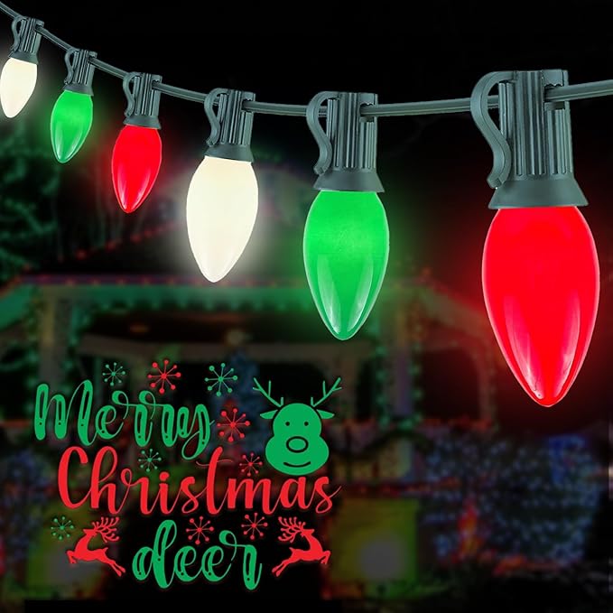 25Ft C9 LED Christmas Lights Outdoor Indoor, Multicolor Red Green White Vintage String Lights, Connectable Holiday Decor for Xmas Tree Wedding Party Patio Porch Yard