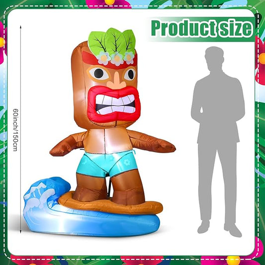 Shappy 5 ft Inflatable Tiki Flamingo Surfboard Luau Hawaiian Party Decorations Summer Inflatables Outdoor LED Lighted Tiki Blow up Beach Tropical Pool Surfing Yard Party Supplies Favors(Surfboard)