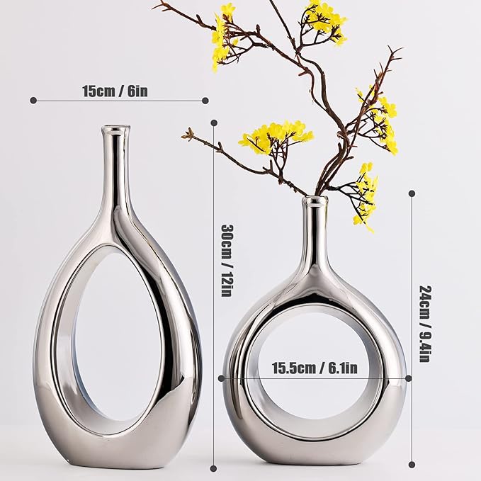 Glossy Silve Ceramic Vase Set 2,Modern Hollow Circle with Hole Flower Vase for Home Decor,for Table Centerpieces,Farmhouse,Fire Place,Living Room,Bedroom,Office,Bookshelf,Rustic Decor