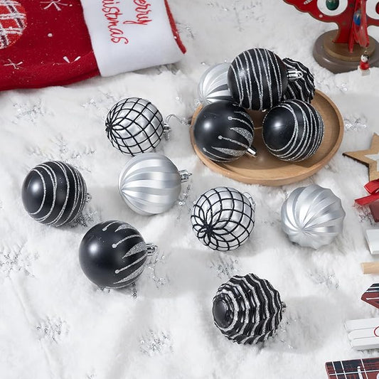 100Pcs Christmas Ball Ornaments Set, Assorted Shatterproof Christmas Ornament, Christmas Tree Theme Hanging Decoration for Xmas Tree Holiday/Party/Home Decor (Black & White & Silver)