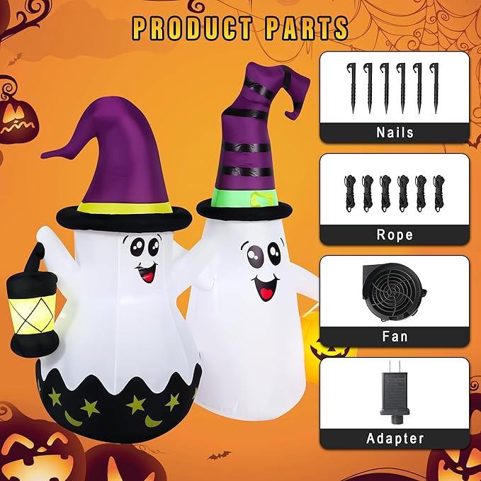 Halloween Inflatables Outdoor Decorations, Blow Ups 2-Pack Cute Ghosts with Build-in LED Lights, Funny Yard Garden Decoration for Halloween Party Indoor Outdoor
