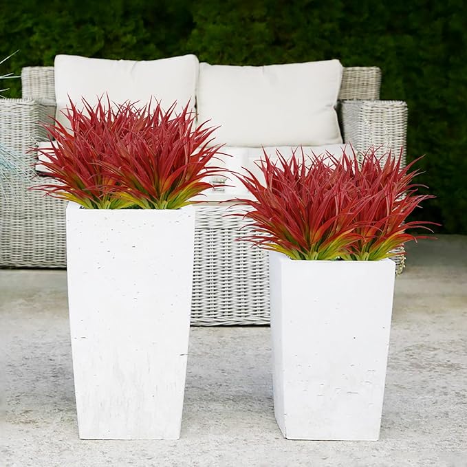 Artificial Fake Grass, 12 PCS Outdoor Faux Grasses Plastic Plants Greenery UV Resistant for Outside Home Window Box Garden Office Patio Hanging Planter Front Porch Décor (Light Green +Red)
