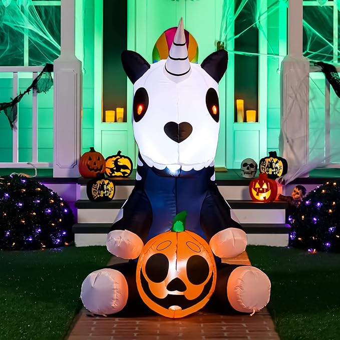 Joiedomi 5 FT Halloween Inflatables Skeleton Decor Outdoor, Blow Up Decorations Sitting Skeleton Unicorn with LEDs for Halloween Decorations Outside, Yard Decor