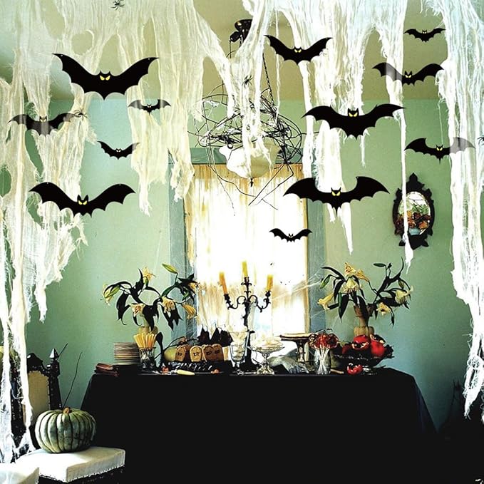 16Pcs Halloween Hanging Bats Decorations Outdoor, Large Flying Bats with Glowing Eyes for Halloween Tree Hanging Decorations Outside…