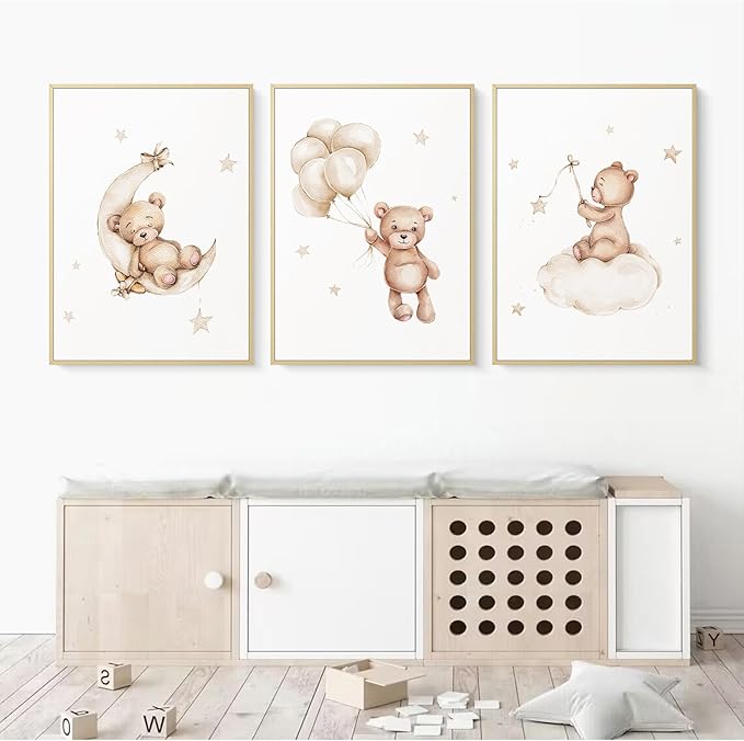 Bear Nursery Wall Art Decor Set of 3 Teddy Bear Canvas Wall Art Baby Boy Nursery Decor Prints Neutral Pictures Moon Star Cloud Print for Girls Children Room 16x24 Inch FRAMED