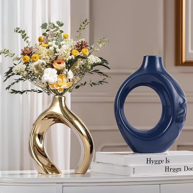 Blue Gold Ceramic Vase Set of 2 for Modern Home Decor,Round Boho Vase for Pampas Grass,Neutral Minimalist Vase for Dining Room Table Centerpiece Dining Room,Wedding Table Decoration