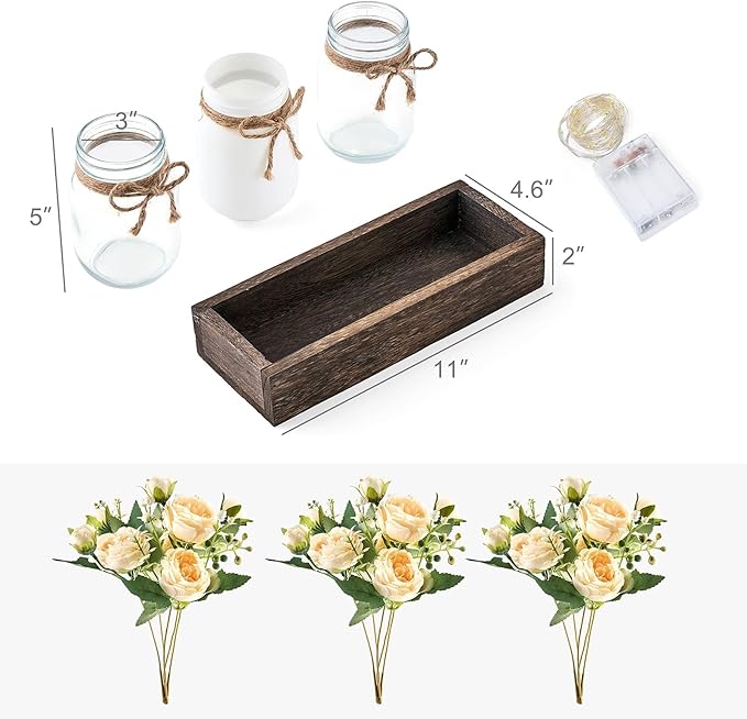 Mkono Mason Jar Lights Centerpiece Table Decor for Dining Room Farmhouse Wood Tray with 3 Jars Flowers Summer Decoration for Coffee Table Kitchen Living Room Wedding