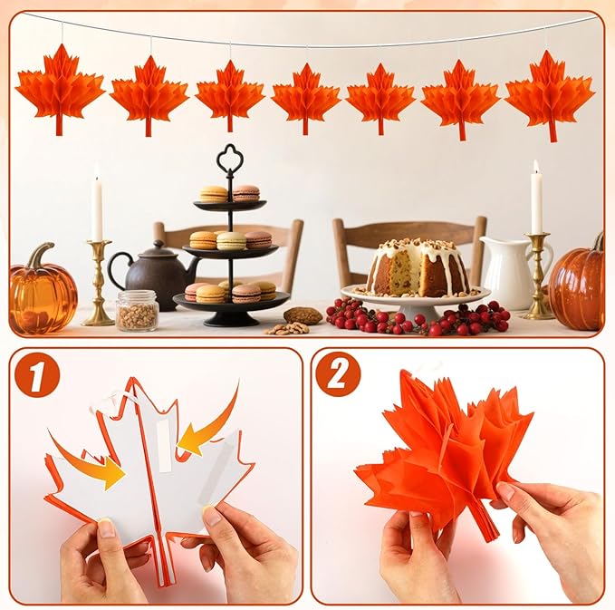 15Pcs Maple Leaf Honeycomb Decorations, Fall Thanksgiving Paper Honeycomb Hanging Ornaments for Autumn Party Favor Supplies Home Decor