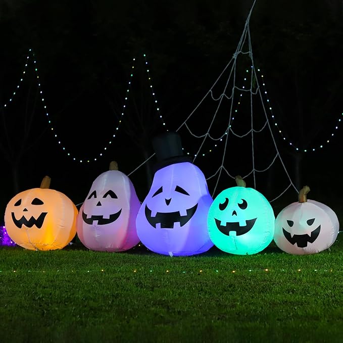 DomKom 8 FT Long Halloween Inflatable White Pumpkin Built in Colorful LED Lights, Holiday Blow up Yard Decoration for Halloween Party Outdoor, Garden Yard Lawn Decor