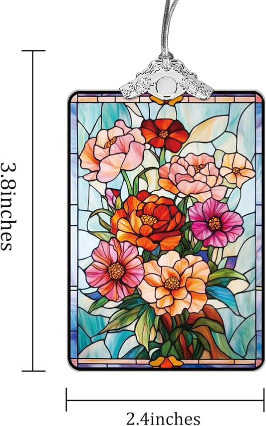 Floral Stained Glass Ornament, 2025 Christmas Tree Hanging Decoration for Gift Exchange or Stocking Stuffer, Holiday Bloom Decor, 3.8 x 2.4 Inch