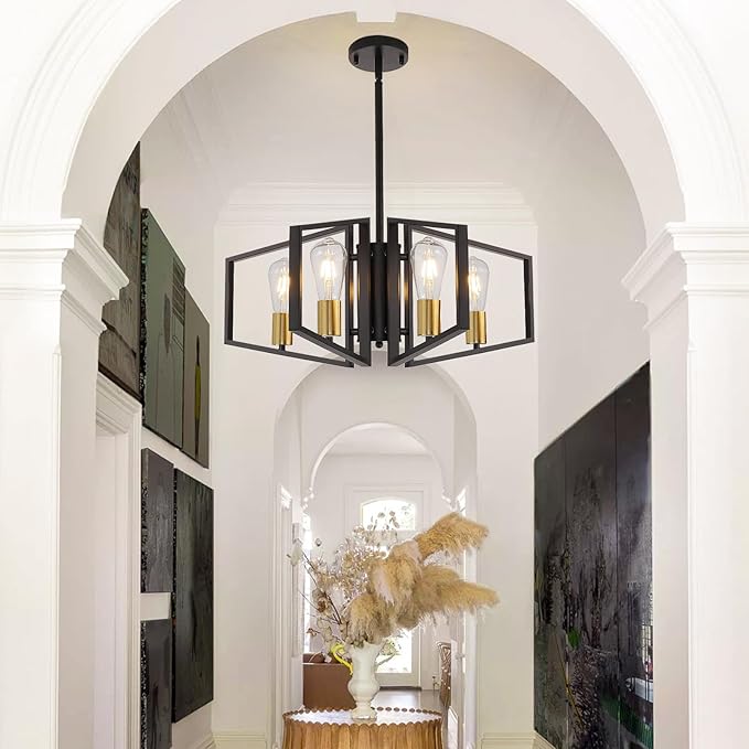 4-Light Black and Gold Chandelier, Lantern Geometric Ceiling Light Fixtures, Dining Room Light Fixtures Over Table, Modern Farmhouse Hanging Pendant Lights for Kitchen Island, Bedroom, Foyer, Entryway