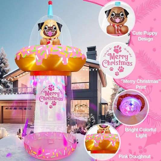 9.5FT Christmas Inflatable with Colorful Light, Kalolary UFO Doughnut Christmas Inflatable with Music, Puppy Xmas Blow Up Yard Decoration Christmas Outdoor Inflatable for Lawn Garden Holiday Party