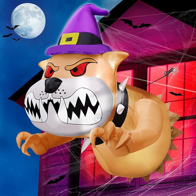 4 Ft Halloween Inflatable Fierce Bulldog Broke Out from Window Outdoor Halloween Decorations Blow Up Scary Dog with Red Eyes Build-in LEDs Halloween Party Indoor Outside Home Yard Garden Lawn Decor