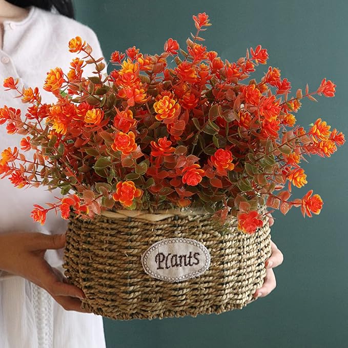 12 Bundles Artificial Outdoor Flowers UV Resistant Fake Plastic Plants No Fade Faux Fall Flowers for Hanging Planter Garden Porch Patio Window Box Wedding Thanksgiving Halloween Decor, Fall Orange